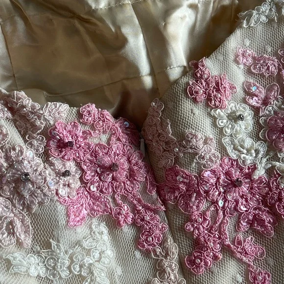 Sherri Hill Pink and Cream Floral Embroidered Lace Embellished Dress - Picture 12 of 16